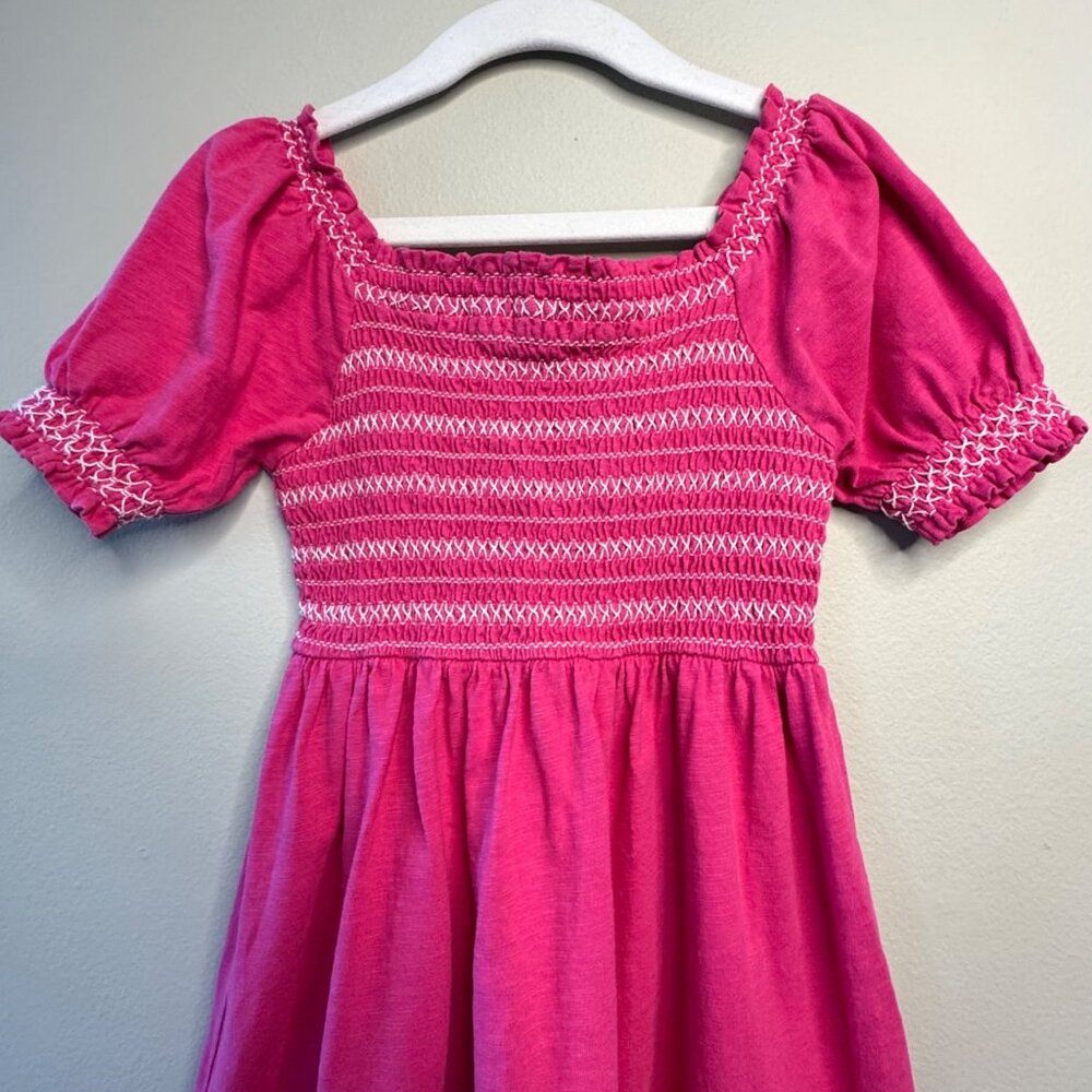 MINI BODEN Shirred Dress Girls 7-8 Pink Smocked Cotton Puff Sleeves - Picture 4 of 9